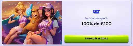 Pridruži se športnim stavam v Spinbara – 100 % bonus do €100 za prvo vplačilo Športni bonus dobrodošlice v Spinbara – navijačice in maskota z zastavicami, bonus 100 % do €100