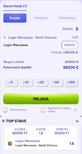 Enostavna stava: Legia Varšava proti Banik Ostrava – kvota 1.47, vložek 60.000 €, možni dobitek 88.200 € Stavna kartica s posamezno stavo na tekmo Legia Varšava – Banik Ostrava s kvoto 1.47 in vložkom 60.000 €, prikazanim potencialnim dobitkom 88.200 €