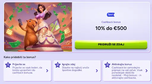 Tedenski športni cashback v Spinbara – Pridobite 10 % do €500 nazaj na vaš račun Maskota Spinbara in animatorka s torto in denarjem na stadionu – športni cashback bonus 10 % do €500