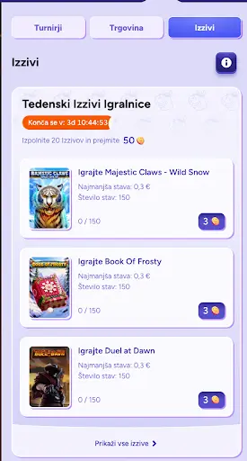 Izpolnite tedenske igralniške izzive v Spinbara in osvojite nagrade za priljubljene igre Tedenski izzivi igralnice Spinbara z igrami Majestic Claws, Book Of Frosty in Duel at Dawn – opravite 150 stav