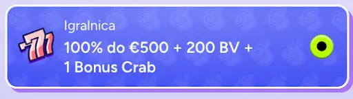 Dobrodošel bonus za igralnico v Spinbara – do €500 + 200 BV + 1 Bonus Crab Igralniški bonus Spinbara – 100 % do €500, 200 brezplačnih vrtljajev in 1 Bonus Crab
