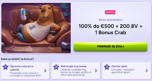 Aktivirajte igralniški bonus v Spinbara – Pridobite 100 % do €500 + 200 BV in dodatno igro Bonus Crab Maskota Spinbara na kavču z napitkom in upravljalnikom – igralniški bonus dobrodošlice 100 % do €500 + 200 BV + 1 Bonus Crab