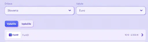 Vplačilo v Spinbara – Izberite državo, valuto in plačilno metodo FunID (10 € – 2.000 €) Obrazec za izbiro države in valute z možnostjo vplačila preko FunID v Sloveniji