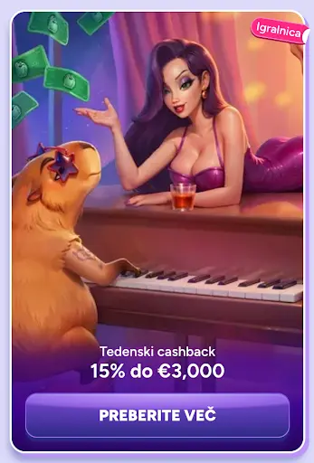 Tedenski igralniški cashback v Spinbara – Pridobite 15 % do €3.000 nazaj na svoj račun Maskota Spinbara igra klavir ob animatorki z denarjem v zraku – tedenski cashback do €3.000