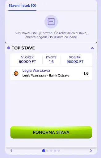 Pretekla stava: Legia Varšava proti Banik Ostrava – kvota 1.6, dobitki 96.000 FT Stavna kartica prikazuje prazno stavno listo z zgodovino pretekle stave na tekmo Legia Varšava – Banik Ostrava s kvoto 1.6 in vložkom 60.000 FT