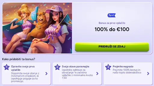 Pridobite športni bonus v Spinbara – 100 % do €100 ob prvem vplačilu in izpolnjenih pogojih Maskota Spinbara z dvema navijačicama na stadionu – športni bonus za prvo vplačilo 100 % do €100