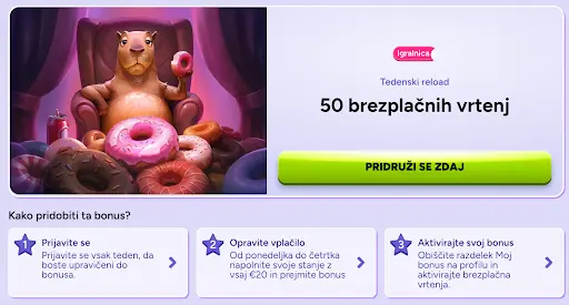 Pridobite 50 brezplačnih vrtenj vsak teden – Tedenski reload bonus v Spinbara Maskota Spinbara v naslonjaču obdana s krofi – tedenski reload bonus 50 brezplačnih vrtenj