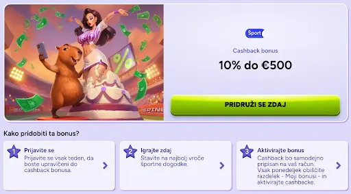 Tedenski športni cashback v Spinbara – Pridobite 10 % do €500 in stavite na vroče dogodke Maskota Spinbara in animatorka na stadionu z denarjem v zraku – športni cashback bonus 10 % do €500