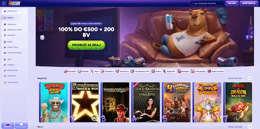 Spinbara Slovenija – Online igralnica z 200 brezplačnimi vrtljaji in bonusom do 500 € Domača stran igralnice Spinbara z bonusi dobrodošlice, menijem iger in seznamom najboljših igralnih avtomatov
