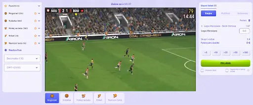 Simulirana nogometna tekma z rezultatom v živo in aktivnim stavnim listkom za Legia Warszawa – Banik Ostrava. Zaslon s simulacijo nogometne tekme med Southampton (SOU) in Bournemouth (BOU), rezultat 2:1, z odprtim stavnim listkom na desni strani.