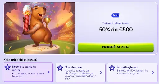 Osvežite svoj račun s tedenskim bonusom – Pridobite 50 % do €500 pri športnih stavah v Spinbara Maskota Spinbara z pokalom in ognjemetom na stadionu – tedenski športni reload bonus 50 % do €500