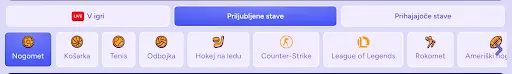 Priljubljene stave – izberite svojo najljubšo športno disciplino Ikone športnih kategorij za stave: nogomet, košarka, tenis, odbojka, hokej na ledu, Counter-Strike, League of Legends, rokomet, ameriški nogomet